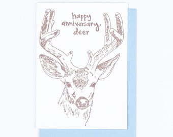 DEER ANNIVERSARY CARD, Woodland Appalachian Animal, Nature, Summer Love, Letterpress Greeting Card, Hand-drawn, Wild Buck, Antlers, Dear Pun