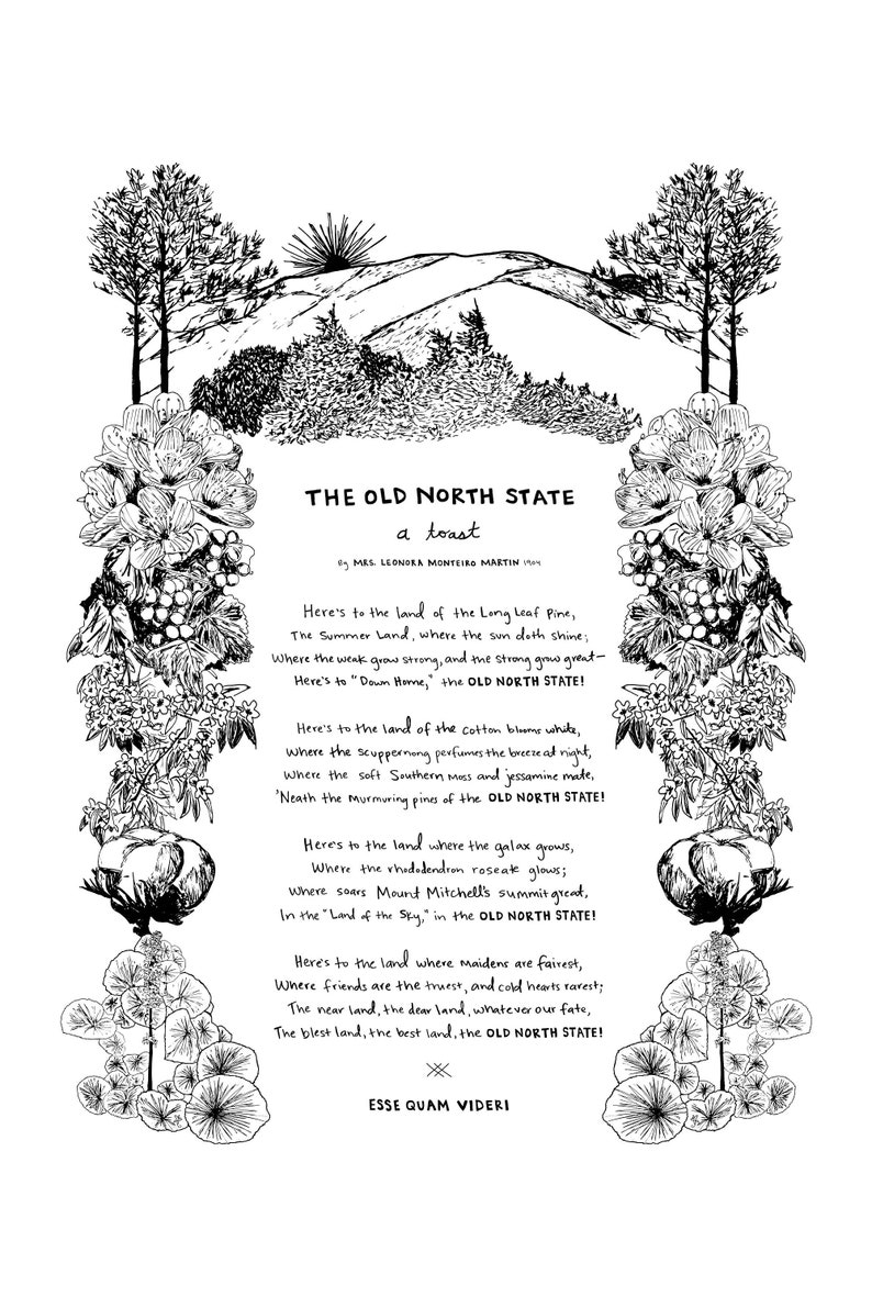 The OLD NORTH STATE North Carolina Toast, Large Letterpress Botanical Print, Hostess Gift, Tarheel Grad, Mt Mitchell, Cabin Art, Asheville image 1