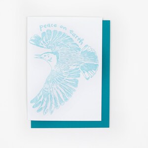 PEACE ON EARTH Kleiber Buchdruck Weihnachtskarte, lustiger Urlaub, Winter Briefpapier, handgemachter Gruß, wilder Vogel, Waldland, von Hand gezeichnet