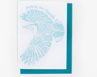 PEACE ON EARTH Nuthatch Letterpress Christmas Card, Fun Holiday, Winter Stationery, Handmade Greeting, Wild Bird, Woodlands, Hand drawn