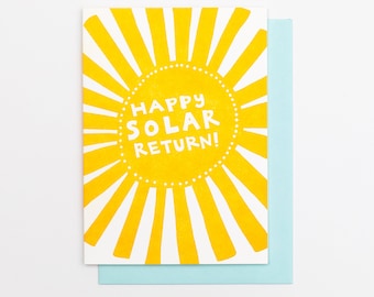 HAPPY SOLAR RETURN Birthday Card, Letterpress Greeting, Summertime, Astrology, Vibrant,