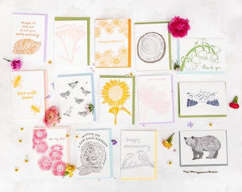 ALL OCCASION BUNDLE Assortment of Letterpress Greeting Cards including Birthday, Sympathy, Thank You, Love, Get Well, & Blank Nature Cards