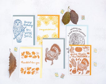 AUTUMN Letterpress Card Bundle Fun Pack featuring hand drawn Appalachian Turkeys, Mushrooms, Owls, Beavers, Fall Leaves, and Coreopsis