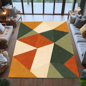 Alfombra geométrica con bloques de colores, lavable y antideslizante, estilo retro moderno, abstracta, decoración atrevida para sala de estar, suave para interiores.