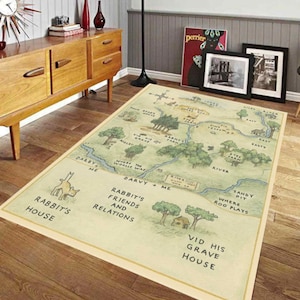 Vintage Storybook Map Rug, Washable,Non-Slip Cartoon Floor Mat, Winnie Inspired Kids Carpet, Nursery Playroom Decor,Adventure Style Rug,Gift