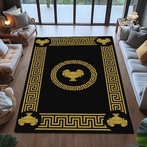 Greek Key Black Gold Rug, Washable Non Slip Carpet, Luxury Geometric Area Rug, Classic Versace Style Living Room Floor Mat, Gift