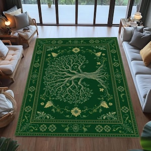 Grüner Baum des Lebens Teppich, waschbarer, rutschfester Teppich, Natur inspiriertes Blumenmuster, Wohnzimmer Schlafzimmer Boho Wohnkultur, Geschenk