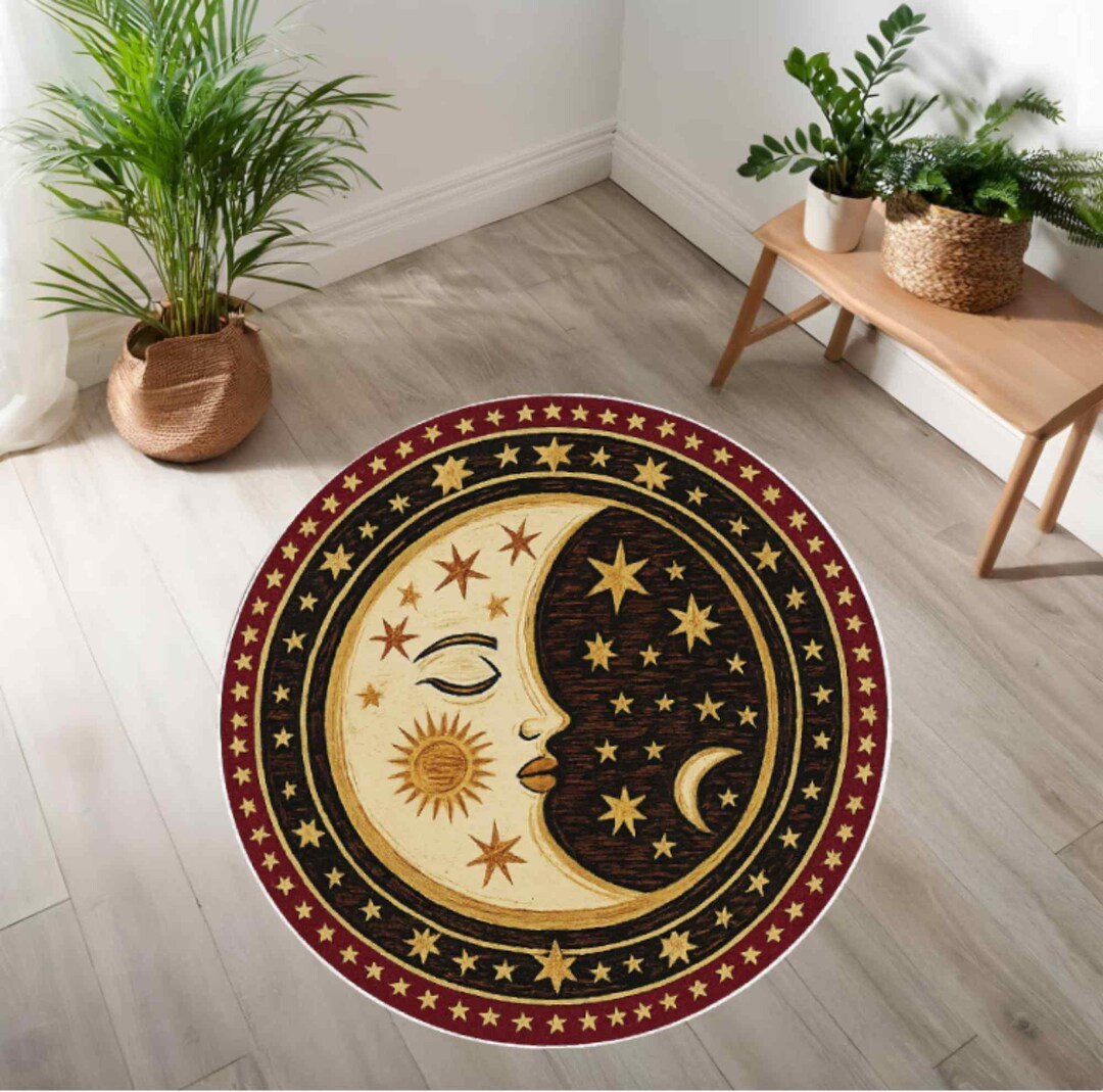 Moon Face Rug Sun Moon Star Round Rug, Boho Celestial Carpet, Washable Non-slip Area ...