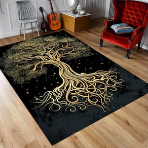 Tree of Life Rug, Washable Rug, Non-Slip Area Carpet, Golden Black Boho Floor Mat, Spiritual Nature Decor, Large Soft Living Room Rug, Gift