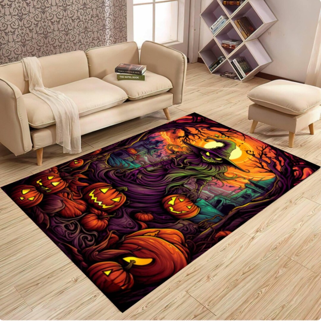 Witch Pumpkin Halloween Rug, Spooky Haunted House Mat, Washable Non ...