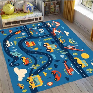 Kids Road Play Rug with Cars and Helicopters,Washable Non Slip Nursery Carpet,Fun Traffic Pattern Playroom Mat for Boys and Girls,Ideal Gift