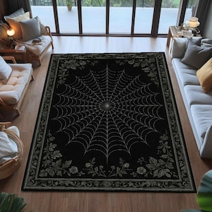 Black Spider Web Rug, Gothic Washable Non-Slip Carpet, Dark Aesthetic Living Room Area Rug, Halloween Home Decor, Floral Border, Gift