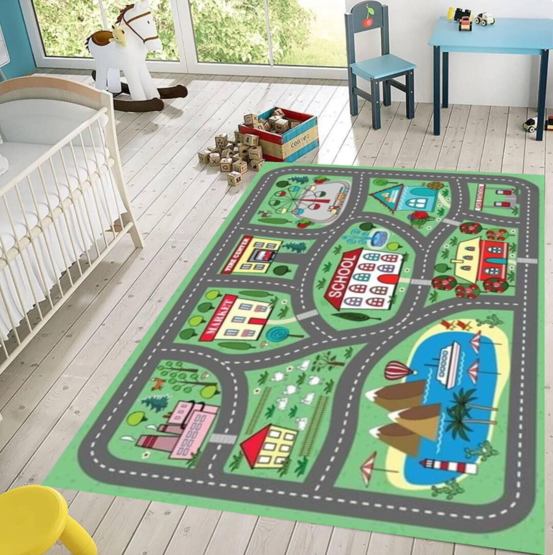 Kids City Map Play Rug, Washable Non Slip Road Track Mat, Toddler ...
