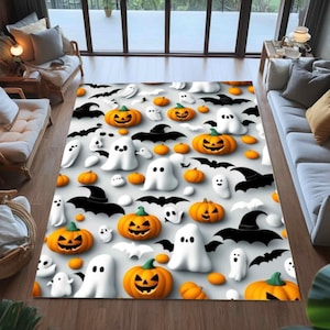 Halloween Ghost Pumpkin Rug, Washable,Non-Slip, Spooky Cute Carpet, Fall Decor, Trick or Treat Mat, Kids Room, Living Room Accent Rug, Gift
