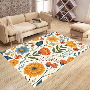 Bright Floral Pattern Rug, Washable, Non-Slip Colorful Flower Carpet, Boho Botanical Area Rug, Living Room Decor, Cottagecore Style Mat,Gift