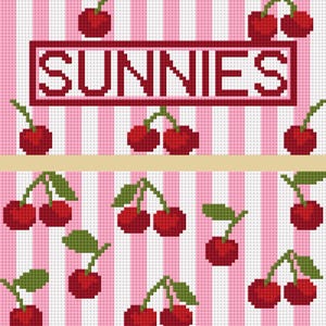May include: A pixelated pattern featuring red cherries with green stems scattered across a pink and white striped background. The word "SUNNIES" is displayed in a red rectangular box, adding a playful touch to the design.