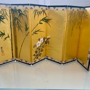 Hand-Painted Miniature Byobu Screen: Gold Leaf Bamboo, Plum Blossom