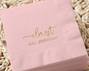 Pink Bridal Shower Napkins,  Almost Mrs., Foil Printed Wedding Paper Napkins