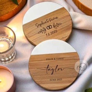 Personalized Wood and White Marble Coaster, Custom Engraved Name & Monogram Round Drink Coaster, Wedding Gift, Housewarming Gift