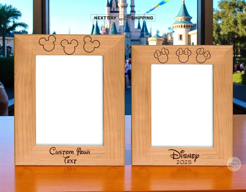May include: Two wooden picture frames with Mickey Mouse and Minnie Mouse silhouettes. The left frame has the text "Custom Your Text" and Mickey Mouse silhouettes. The right frame has the text "Disney 2025" and Minnie Mouse silhouettes.