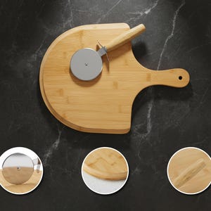 May include: A bamboo pizza cutting board with a built-in handle and a stainless steel pizza cutter. The board is light brown and has a curved shape. The pizza cutter has a wooden handle and a circular blade.