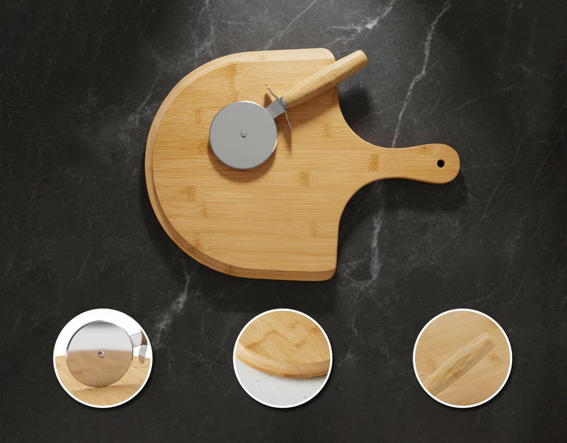 May include: A bamboo pizza cutting board with a built-in handle and a stainless steel pizza cutter. The board is light brown and has a curved shape. The pizza cutter has a wooden handle and a circular blade.