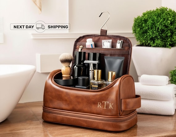 Personalized Men's Leather Toiletry Bag, Monogrammed Travel Organizer for Toiletries, Father's Day Gift, Custom Name Bag