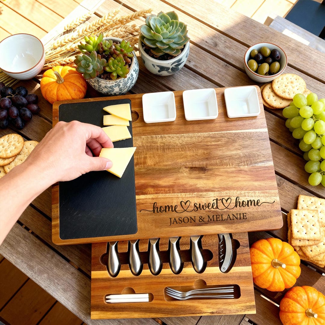 Personalized Acacia Charcuterie Board With Slate & Ramekins, Engraved ...