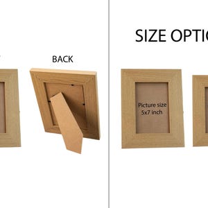 May include: Wooden picture frames in various sizes. The image shows the front and back of a frame, along with size options. The frames are light brown and have a rectangular shape. The available sizes are 5x7 inch and 4x6 inch.
