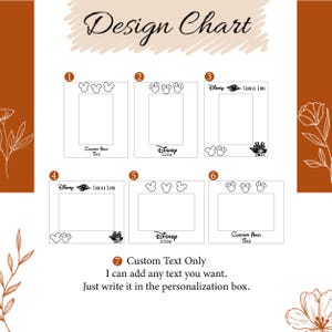 May include: Design chart featuring six different frame designs with Disney-themed elements. Each frame has a rectangular opening for customization. Text includes "Custom Your Text", "Disney 2024", and "Disney Cruise Line".