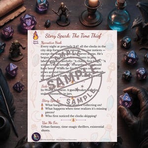 Può includere: Una scena di gioco da tavolo con dadi, statuette e una carta intitolata "Story Spark: The Time Thief". La carta contiene testo sui thriller di magia temporale. Vari dadi e statuette sono sparsi.
