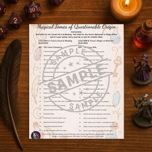 Könnte beinhalten: Ein Fantasy-Bild mit einem Spielblatt namens "Magical Tomes of Questionable Origin", Würfeln, einer Feder, einer Kerze und Miniaturen. Das Blatt enthält Text für Spielaufforderungen. Die Szene spielt auf einer Holzoberfläche.