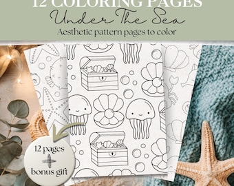 Under The Sea Pattern Coloring Pages | Cute Ocean Animal Patterns | 12 Printable Ocean Coloring Sheets + 3 Bonus Pages (PDF) #337