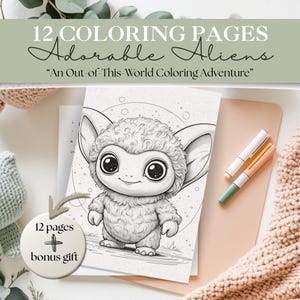 May include: A coloring book with the title "Adorable Aliens" and the tagline "An Out-of-This-World Coloring Adventure." The cover features a cute alien illustration. Includes 12 coloring pages and a bonus gift. Two colored markers are visible.