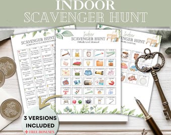 Caccia al tesoro in casa stampabile per bambini / Gioco di avventura per i giorni di pioggia / 3 livelli + pagine bonus con quiz e colorazione / Attività da fare a casa