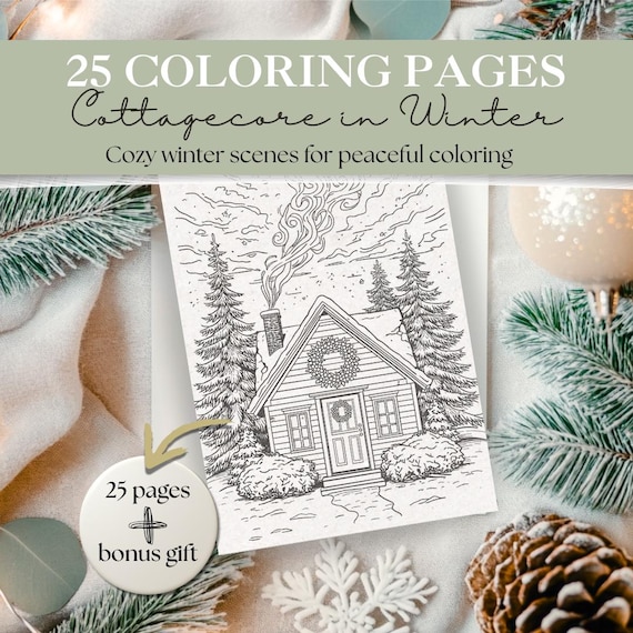 Cottagecore Winter Coloring Pages | 25 Cozy Snow-Covered Cottage & Rustic Winter Scenes | Relaxing Adult Coloring Book | Digital Download