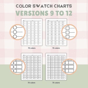 May include: Color swatch charts with the text "COLOR SWATCH CHARTS VERSIONS 9 TO 12". The charts have circles and squares for color swatches. Each chart is labeled "70 colors".