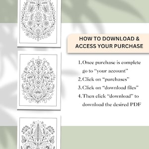 May include: Three black and white floral design digital downloads are shown. The image includes instructions on how to download and access the purchase, with steps to go to "your account" and click on "purchases" and "download files".