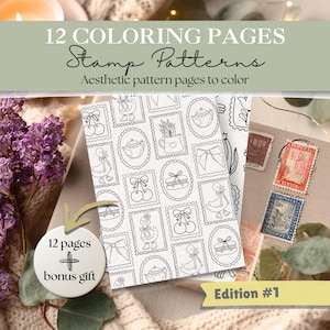 Lot de pages à colorier de timbres #1 | 12 feuilles de motifs de tampons + 3 en prime | Coloriages à imprimer pour adultes et enfants | Timbres-poste à colorier en PDF