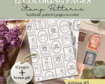 Stamp Coloring Pages Bundle #1 | 12 Stamp Pattern Sheets + 3 Bonus | Printable Coloring Pages for Adults & Kids | Postage Stamp Coloring PDF