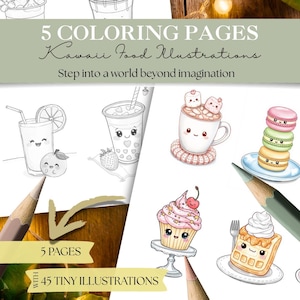 Tiny Kawaii Food Coloring Pages – 45 Cute Mini Illustrations | Boba, Desserts, Sushi, Fast Food & Breakfast | Cute Tiny Food | Digital PDF image 1