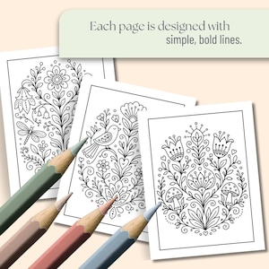 May include: Four coloring book pages with floral and nature-themed designs, including a dragonfly, bird, and mushrooms. The pages are accompanied by four coloured pencils. The text at the top says, "Each page is designed with simple, bold lines."