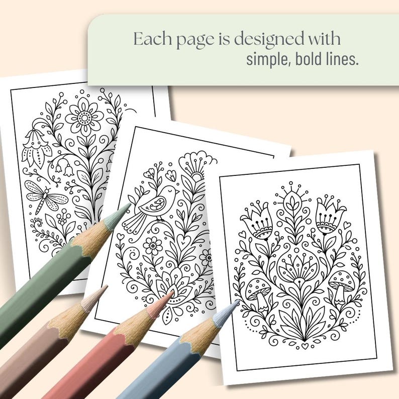 May include: Four coloring book pages with floral and nature-themed designs, including a dragonfly, bird, and mushrooms. The pages are accompanied by four coloured pencils. The text at the top says, "Each page is designed with simple, bold lines."