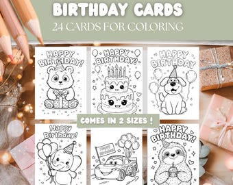 Happy Birthday Coloring Cards | 24 Cute Printable Cards to Color | Kids Birthday Cards PDF | 2 Sizes Party Coloring Cards Instant Download