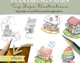 Tiny Shops Coloring Pages Bundle | 45 Miniature Store Illustrations | Cute Kawaii Coloring Sheets | Digital Download |Cute Houses Coloring