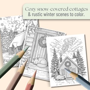 K&ouml;nnte beinhalten: Drei Malbuchseiten mit Winterszenen, darunter schneebedeckte H&uuml;tten und ein schlafender Fuchs, werden mit Farbstiften gezeigt. Der Text lautet: "Cozy snow-covered cottages & rustic winter scenes to color."
