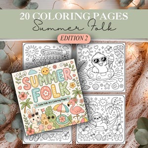 May include: A square coloring book titled "Summer Folk" with the text "20 Coloring Pages" and "Edition 2". The cover features a colorful illustration with a bunny, turtle, flamingo, and other summer-themed elements. The book includes four black and white coloring pages.