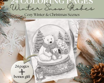 Verzauberte Schneekugel Ausmalbilder | Gemütliche Winter- und Weihnachtsszenen | Hygge-Feiertags-Kollektion | Cottagecore | 27 Designs | Winterdorf
