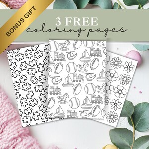 May include: Three free coloring pages with black and white designs. One page has puzzle pieces, another features sports and toy illustrations, and the third shows flower outlines. The image includes text that says "BONUS GIFT" and "3 FREE coloring pages."