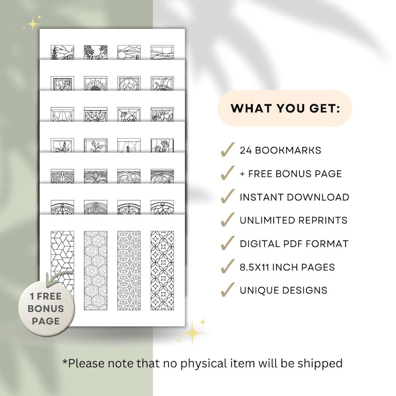 May include: A digital download featuring 24 unique bookmark designs, plus a free bonus page. The bookmarks are black and white line art, with various patterns and scenes. The pages are 8.5x11 inches.